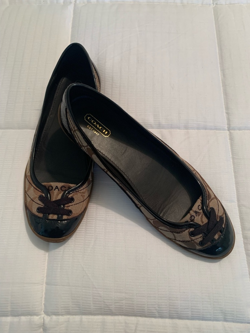 Classic Coach Ballet Flats in Brown Print - Black Leather Patent Accents Size 9